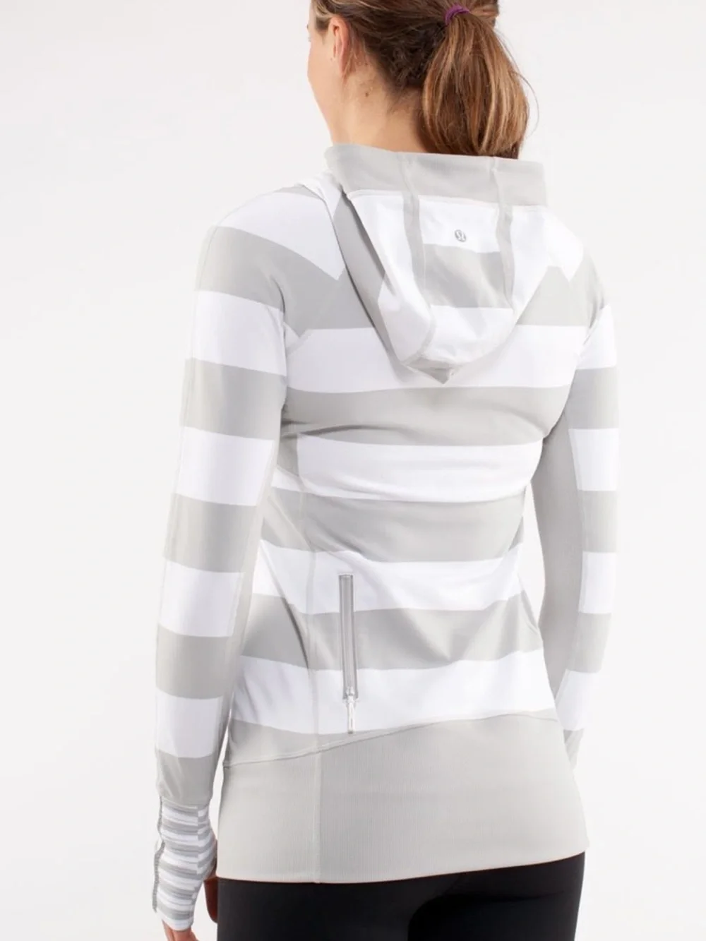 Lululemon Athletica Run Stay On Course Grey White Stripped Pullover Hoodie Sz 4